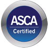 The logo of ASCA in blue and gray with transparent background